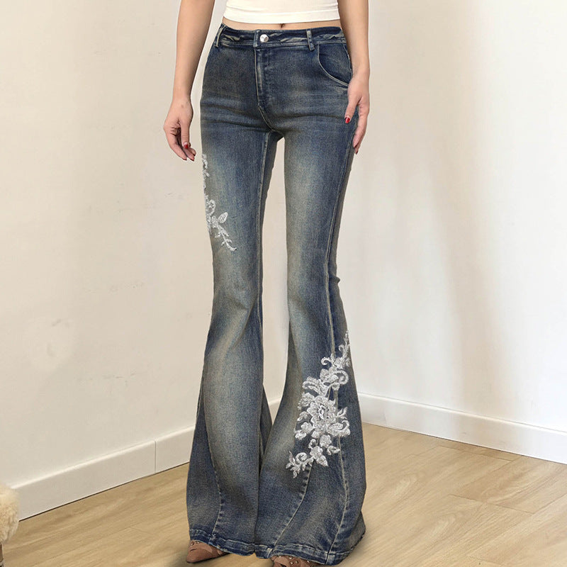 Floral Embroidery Sexy Low Waist Pants Flare Jeans for Women